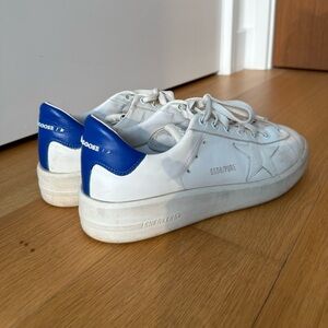 Golden Goose white pure star sneakers with blue heel tab, women’s size 10